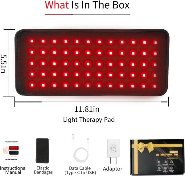 Rechargeable 60-Beads Red Light Therapy LED Pad, 5.5 X 11.8 Inch, Wearable 850nm & 660nm Infrared Belt for Neck Knee Body with Built-in 1500mAh Battery & Auto Timer