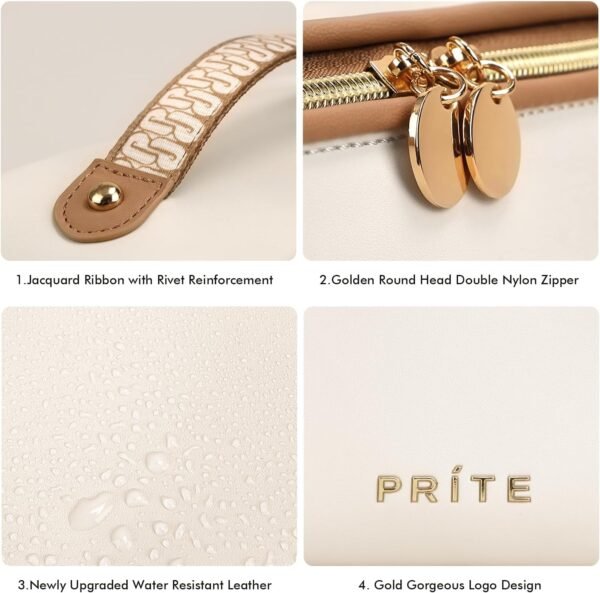 71TBnezUTzL._AC_SL1500_.jpg Prite Makeup Bag for Women Travel Waterproof Vegan Leather Cosmetic Bag Open Flat Toiletry Bag With Clear Divider and Handle (Beige)