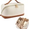 71TKbh1kHkL._AC_SL1500_.jpg Telena Makeup Bag Large Capacity Travel Cosmetic Bag Portable PU Leather Water Resistant Makeup Organizer Bags for Women with Handle and Divider Open Flat Beige with Brown