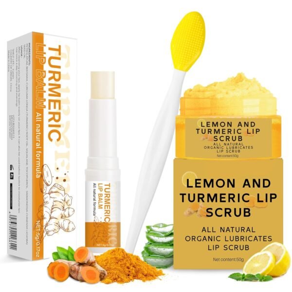 3PCS Turmeric Lemon Lip scrub and Turmeric Lip Balm with Brush Set, Lip Scrubber Exfoliator, Dark Lips Treatment for Smokers, Natural Exfoliator & Moisturizer Cracked, Dull, Reduce Fine Lines Lips