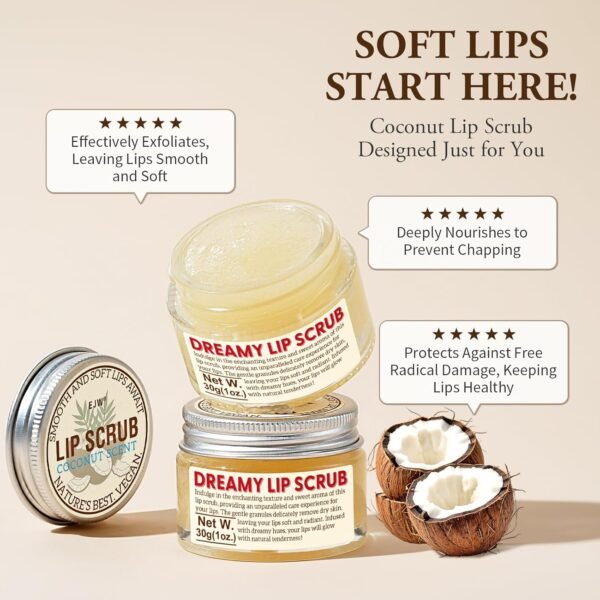 71TjD9Sm4zL._SL1500_.jpg EJW Nourishing Lip Scrub - Infused with Coconut Oil, Olive Fruit Oil, and Jojoba Seed Oil, 1.05oz - Exfoliate, Hydrate, and Glow for Chapped Dry, Dark Lips