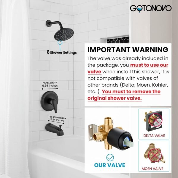 gotonovo Tub Shower Faucet Set Shower Head and Handle Set 6 Modes 6 inch Bathroom Trim Kit with Tub Spout High Pressure Shower System Combo with Valve Round Showerhead Matte Black