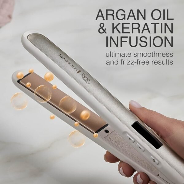 71TyKZIjQ8L._AC_SL1500_.jpg Remington Shine Therapy 1 inch Hair Straightener Iron, Flat Iron Infused with Argan Oil & Keratin, Professional Ceramic Flat Iron for Less Frizz, Shines and Smooth, Styling Tools