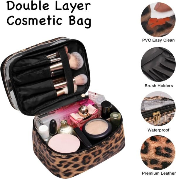 Double-layer Cosmetic Bag Makeup Bag Travel Makeup Bag Makeup Bags for Women Cosmetics Cases Portable Waterproof Foldable (Leopard)
