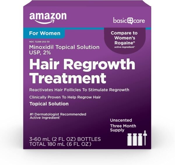 Amazon Basic Care Minoxidil Topical Solution USP, 2% Hair Regrowth Treatment for Women, 3-Month Supply, Unscented, 2 fl oz (Pack of 3)