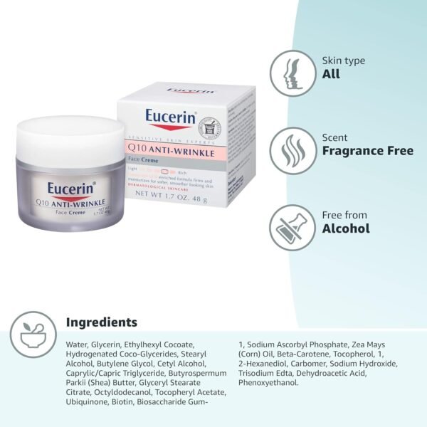 71UaeUXaKwL._SL1500_.jpg Eucerin Q10 Anti-Wrinkle Face Cream, Unscented Face Cream for Sensitive Skin, 1.7 Oz Jar