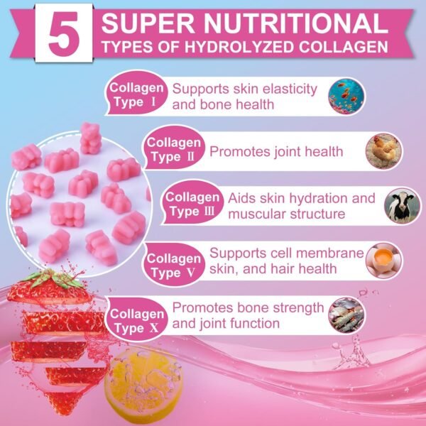 71UoGq2RBPL._AC_SL1500_.jpg Multi Collagen Peptides Gummies, Type I, II, III, V, X - Hydrolyzed Collagen Peptides with Biotin, Hyaluronic Acid, Supports Healthy Skin, Strong Nails & Thick Hair, 60 Count, 1 Pack