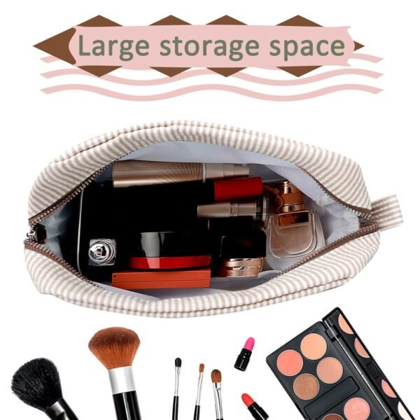 GFU Cosmetic Bags for Women, Seersucker Cosmetic Bag, Travel Toiletry Stripe Makeup Bag, Large Women Aesthetic Organizer Storage Pouch, Girls Handbags Purses, brown