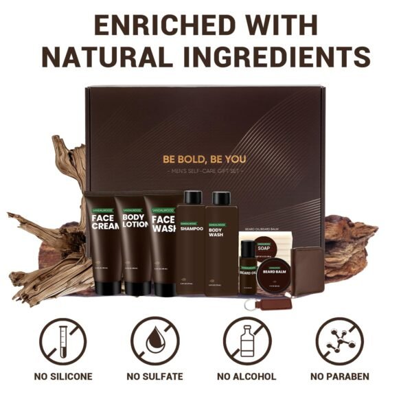 Rinse & Robust Men's Self-Care Gift Set, 10 Pcs Sandalwood Grooming Kit with Bath and Body Wash Gift Set For Men, Beard Oil, Balm & Business Card Case, Unique Gifts for Him Father’s Day, Birthday