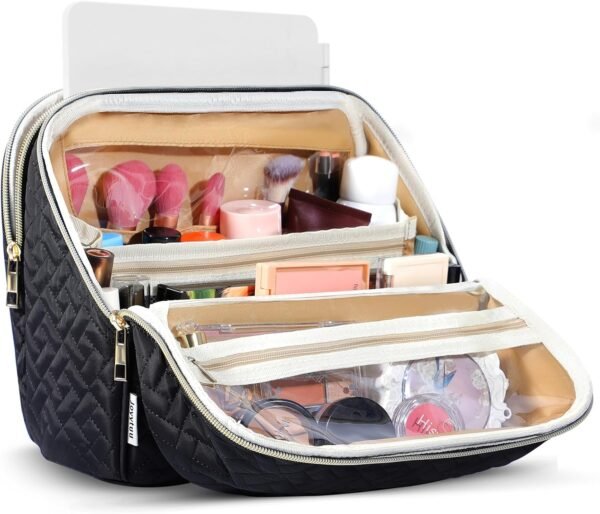 71VOi3PU1UL._AC_SL1500_.jpg Makeup Bag, Large Capacity with Room for Brushes and Mirror, Travel Makeup Organizer, Portable Standing Make Up Case, Waterproof Cosmetic Toiletry Bags with Handle, Color Black