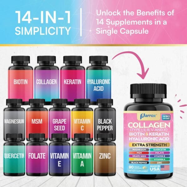 Collagen Peptides Types I, II, III, V & X, MCG Biotin, Keratin, Hyaluronic Acid, MSM, Zinc, Grape Seed Extract, Quercetin, Vitamin A, Vitamin C, Vitamin E, Magnesium, Folic Acid (90 Capsules)