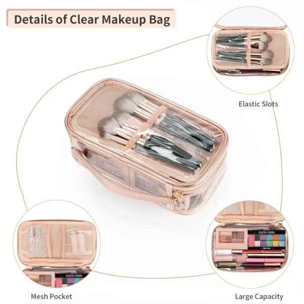 71VkPpRzujL._SL1500_.jpg OCHEAL Clear Makeup Bag, Portable Makeup Storage Organizer Cosmetic Bag, Travel Makeup Bag Cute Clear Pouch For Women and Girls Cosmetics Bags with Divider Makeup Brush Compartment-Rose Gold