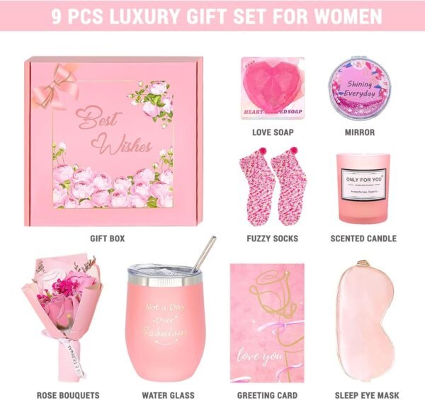 Pink Gift Baskets, 9 Pcs Unique Spa Gift Basket Set, Get Well Soon Gifts, Birthday Gifts for Her, Wife, Teacher, Girlfriend, Friends, Sister