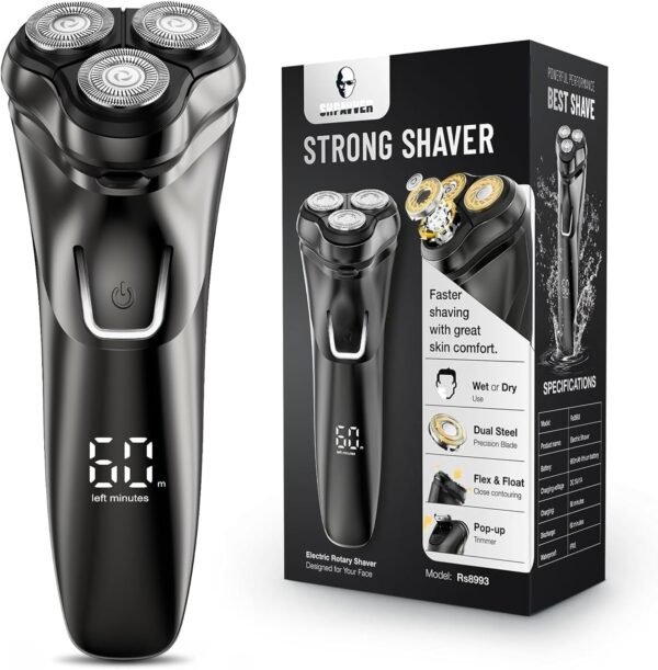 Electric Razor for Men Cordless: Wet/Dry Rotary Shaver Waterproof - USB Fast Charging & Sensitive Skin Care - Pop up Trimmer & Precision Blades
