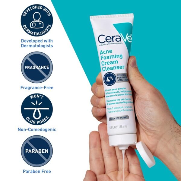 71VxDVycedL._SL1500_.jpg CeraVe Acne Foaming Cream Cleanser, 4% Benzoyl Peroxide Face Wash With Hyaluronic Acid, Niacinamide & Ceramides, Gentle Daily Acne Treatment For Face
