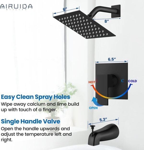 Airuida Shower Faucet Set with Tub Spout Bathtub Faucet Kit Shower Tub Faucet Set Complete Tub Shower Trim Kit with Solid Brass Rough-in Valve and 6 Inch Rainfall Square Showerhead Matte Black
