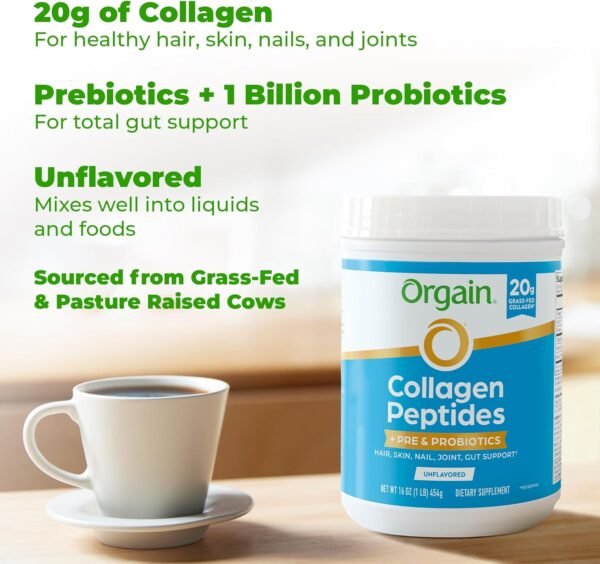 Orgain Hydrolyzed Collagen Peptides + Prebiotic & Probiotics Powder for Women & Men, 20g Grass Fed Collagen, 1 Billion CFU - Supports Digestive, Hair, Skin & Joint Health, Non-GMO, Type I & III, 1lb