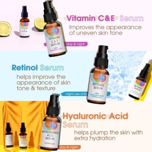 71XzvkFpvaL._SL1200_.jpg Retinol Serum for Face, Vitamin C with Hyaluronic Acid Face Serum for Women and Men, Glow Skin Care Set Total Package Targets Appearance of Uneven Skin Tone and Dryness 3x1oz