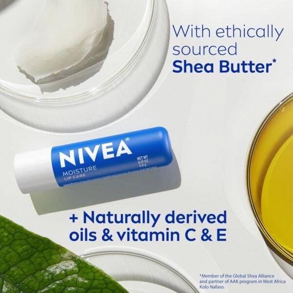 71YHBVHIjL._SL1500_.jpg NIVEA Moisture Lip Care, Hydrating Lip Balm with Shea Butter, Nourishing Oils and Vitamin C & E, 3-in-1 Moisture, Repair and Nourish, 0.17 Oz Stick, Pack of 4