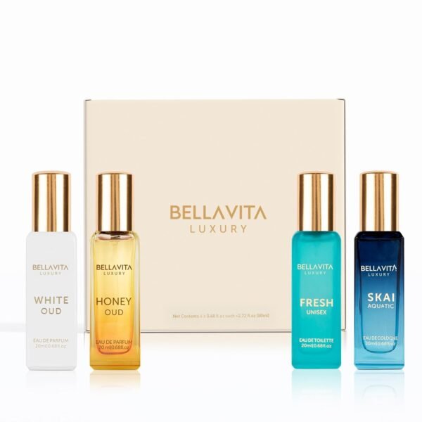 71YWxvGGPaL._SL1500_.jpg BellaVita Luxury Unisex Cologne Gift Set (4x20ml) | Fragrances Includes Honey OUD, SKAI, FRESH & White OUD | Travel Size Mini Perfumes & Spicy Vanilla Perfume Oil | Unisex Perfume for Women & Men