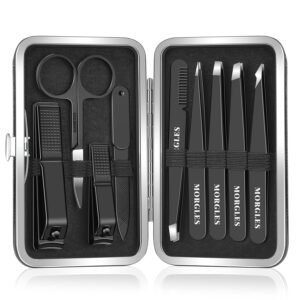 MORGLES Tweezers Set and Nail Clippers, 9 Pcs Stainless Steel Tweezers Kit for Men Professional Manicure Set for Men Grooming Kit with Leather Travel Case