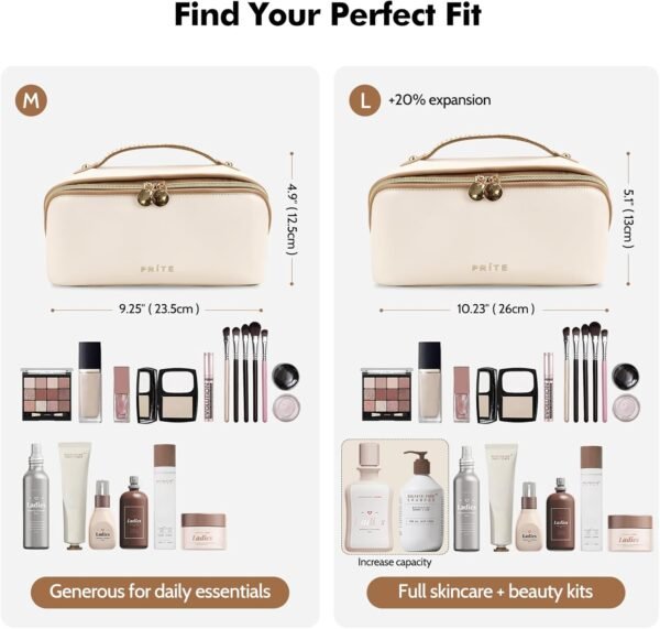 71YnINmPlQL._AC_SL1500_.jpg Prite Makeup Bag for Women Travel Waterproof Vegan Leather Cosmetic Bag Open Flat Toiletry Bag With Clear Divider and Handle (Beige)