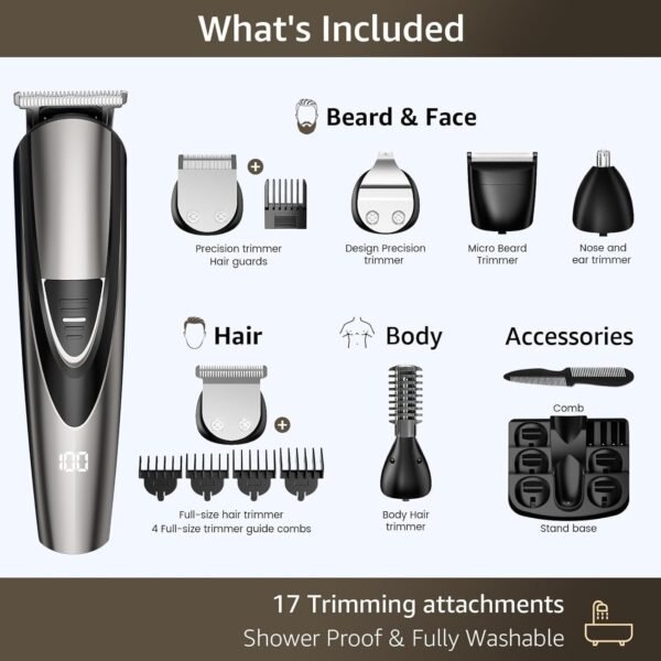 Electric Beard Trimmer for Men: 16-in-1 Professional Barber Hair Clippers - Cordless Grooming Kit - Turbo Speed & Precision Blades