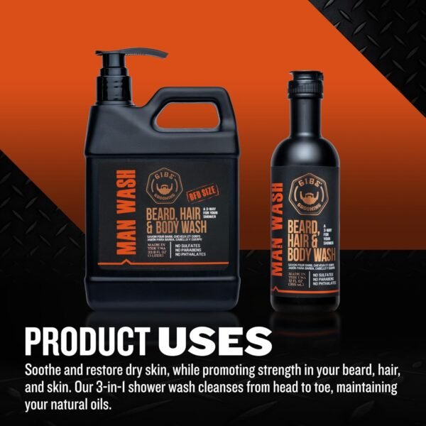 GIBS Grooming 3 in 1 Man Wash Body Wash for Men - Beard & Hair Moisturizing, & Cleansing Liquid Body Wash - Sulfate & Paraben Free
