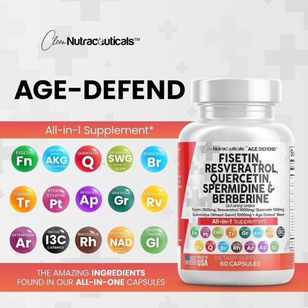 Clean Nutraceuticals Fisetin Quercetin Resveratrol with Spermidine Wheat Germ Extract - Health Supplement for Adults Longevity with Berberine, Collagen, Rhodiola, Apigenin