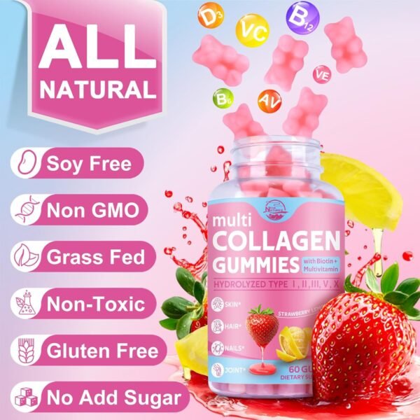 71Zsi6sfQCL._AC_SL1500_.jpg Multi Collagen Peptides Gummies, Type I, II, III, V, X - Hydrolyzed Collagen Peptides with Biotin, Hyaluronic Acid, Supports Healthy Skin, Strong Nails & Thick Hair, 60 Count, 1 Pack