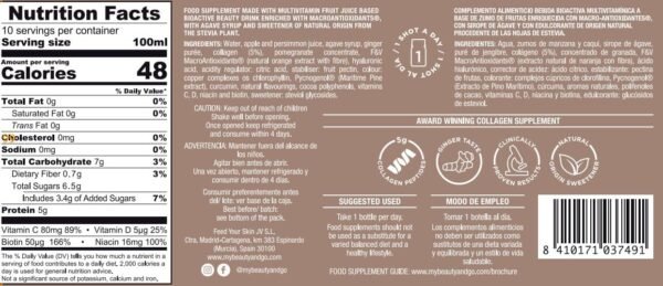 Beauty&GO Skin Shot - 10 Bottles x 100ml - Liquid Collagen Supplement - Anti-ageing Beauty Drink with Collagen 5000 mg, Hyaluronic Acid, Biotin, Niacin, Antioxidants, Vitamins and Minerals.