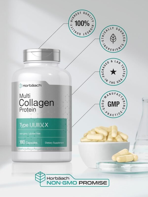 71aCdwBmVAL._AC_SL1500_.jpg Horbäach Multi Collagen Protein 2000 mg | 180 Capsules | Hydrolyzed Collagen Type I, II, III, V, X | Keto & Paleo Friendly, Non-GMO, Gluten Free Supplement