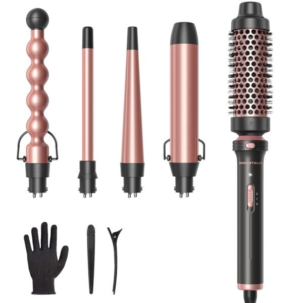 71aWQIc5dpL._SL1500_.jpg Wavytalk 5 in 1 Curling Wand Set, Multi Curl, Curling Wand Set with Thermal Brush and 4 Interchangeable Ceramic Curling Wand(0.5”-1.25”), Instant Heat Up Wand Curling Iron (Rose Gold)