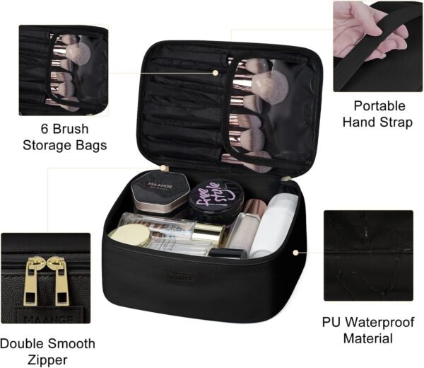 71ad1C7dM6L._AC_SL1500_.jpg MAANGE Makeup Bag - Large Cosmetic Bag with 2pcs Small Makeup Bags Portable Leather Travel Makeup Bag Set Toiletry Bag Make Up Bags for Women and Girls (Black)