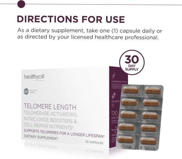 Healthycell Telomere Length Supplement - Anti-Aging Telomere Lengthening Supplements with Phytonutrients & Vitamins for Cellular Health - AC-11, Astragalus & Resveratrol - 30 Capsules
