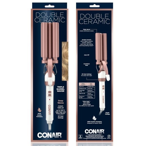 71bVAw3FmoS._SL1500_.jpg Conair Double Ceramic 3 Barrel Curling Iron, Hair Waver, Create Beachy Waves, Long-Lasting Natural Tight Waves for all Hair Lengths, White / Rose Gold