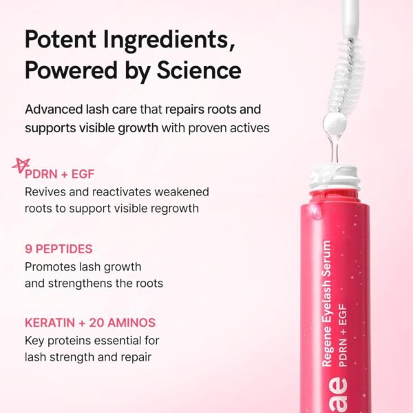 Regene Eyelash Serum | PDRN, EGF with 20 Amino Acids, 9 Peptides | Korean Eyelash & Brow Growth Serum | Gentle Formula to Boost Longer Fuller and Thicker Lashes (0.34 fl.oz.)