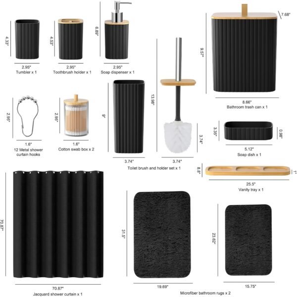 Bathroom Accessories Set - 22PCS Black Bathroom Set with Shower Curtain, Trash Can, Toilet Brush Holder Set & Soap Dispenser – Stylish & Functional Bath Decor for Home, Apartment