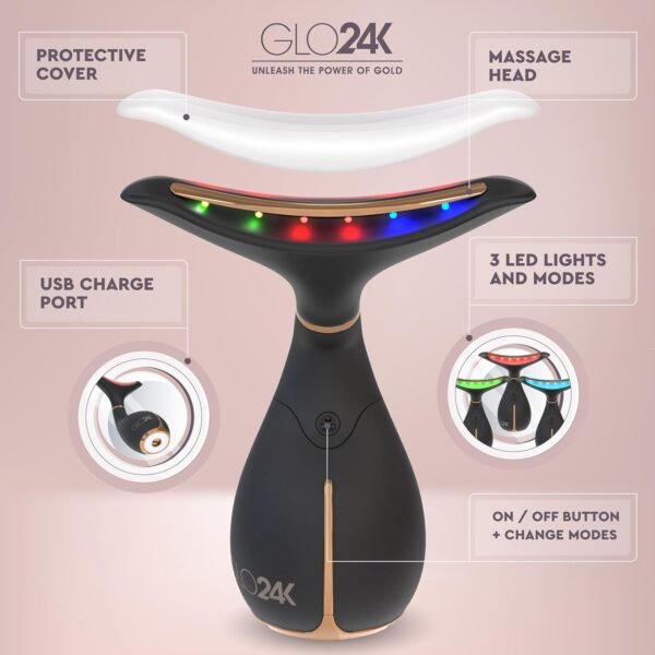 GLO24K Red Light Beauty Device for Face and Neck - Based on Triple Action LED, Thermal, and Vibration Technologies