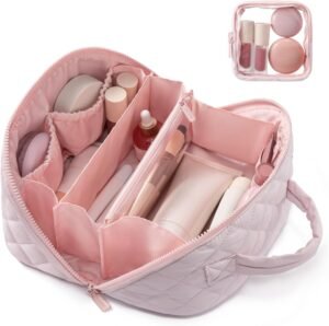 71cBrSBFMYL._AC_SL1500_.jpg LOVEVOOK Travel Makeup Bag for Women, 2Pcs Set Puffer Waterproof Cosmetic Organizer, Large Capacity Pouch Open Flat Toiletry Bag with Divider & Handle, Portable Gift for Her, Pink