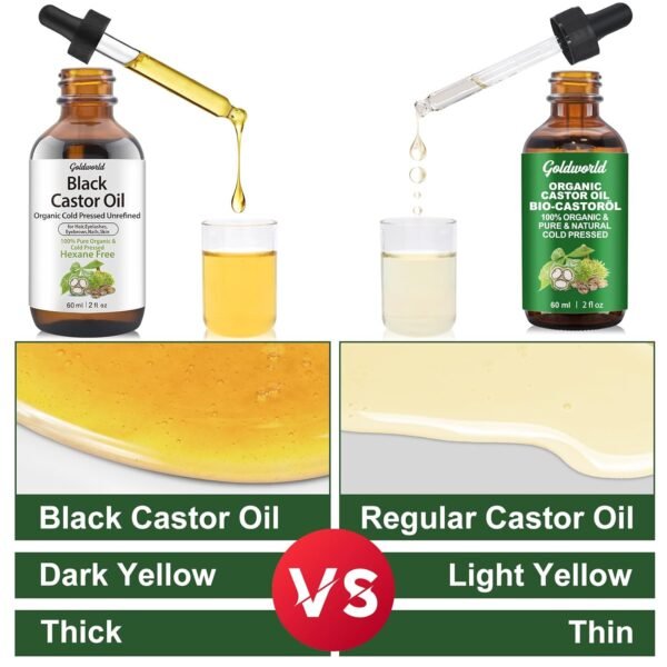GoldWorld100% Organic Pure Black Castor Oil Cold Pressed,for Hair Eyebrows Eyelash Growth Serum to Grow Lashes,Castor Oil for Skin Body Face,Caster Oils Unrefined in Glass Bottle Hexane Free