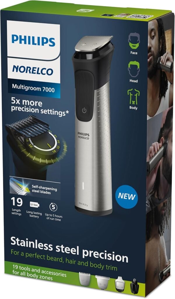 Norelco Philips Multigroom 7000 Series, All-in-One Trimmer, Beard Trimmer and Hair Clipper, 19-Piece Men's Grooming Kit for Beard, Head, Hair, Body, and Face, Soft Pouch, MG7910/49