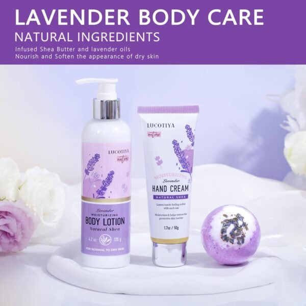 LUCOTIYA Lavender Spa Gift Set for Her,Hand Cream,Lavender Essential Oil,Body Butter ,Lavender Scented Candle,Bath Bombs,Soap