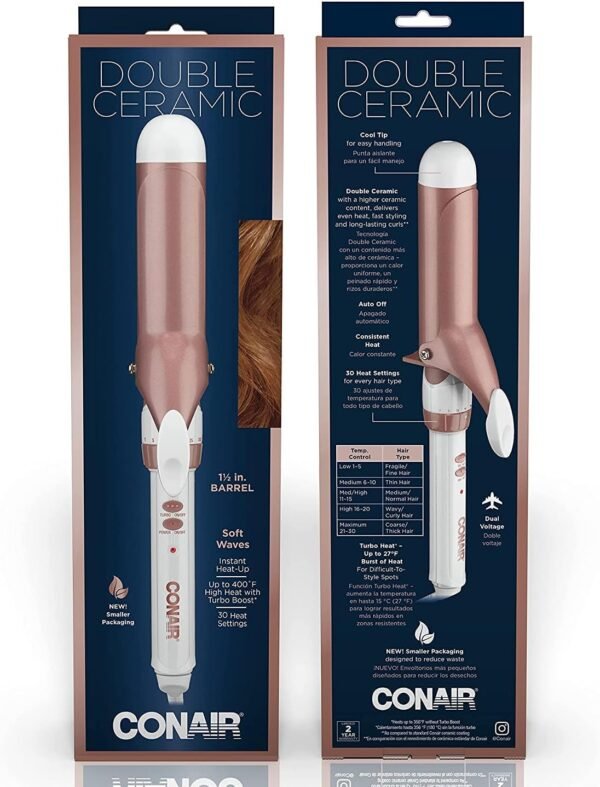 71dRS5O4q5L._AC_SL1500_.jpg Conair Double Ceramic 1 1/2-Inch Curling Iron, 1 ½ inch barrel produces soft waves – for use on medium and long hair