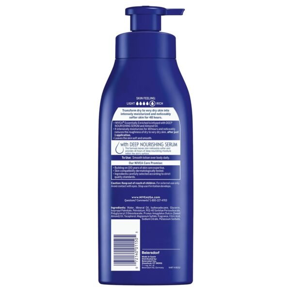 NIVEA Essentially Enriched Body Lotion for Very Dry Skin with Hyaluronic Acid, Almond Oil and Deep Nourishing Serum, 72-Hour Body Moisturizer, 16.9 Fl Oz Pump Bottle