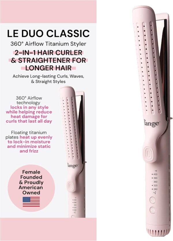 L'ANGE HAIR Le Duo Grande 360° Airflow Styler | 2-in-1 Curling Wand & Titanium Flat Iron Professional Hair Straightener and Curler with Cooling Air Vents to Lock in Style | Adjustable Temp (Blush)