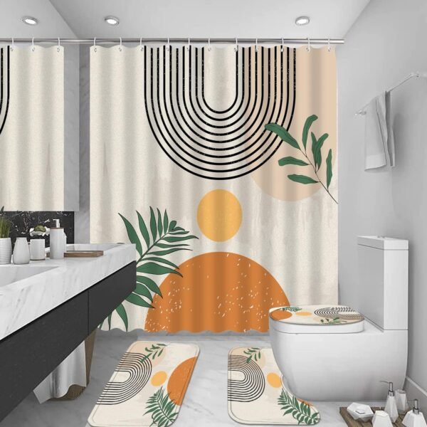 FZDHHY 4PCS Boho Shower Curtain Set Retro Orange Shower Curtain Bathroom Set with Rugs Abstract Shower Curtains for Bathroom with Carpet Bath Mat Toilet Rugs