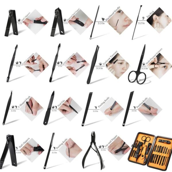 Professional Stainless Steel Nail Clipper Travel & Grooming Kit Nail Tools Manicure & Pedicure Set of 15pcs with Luxurious Case (Black/Yellow)