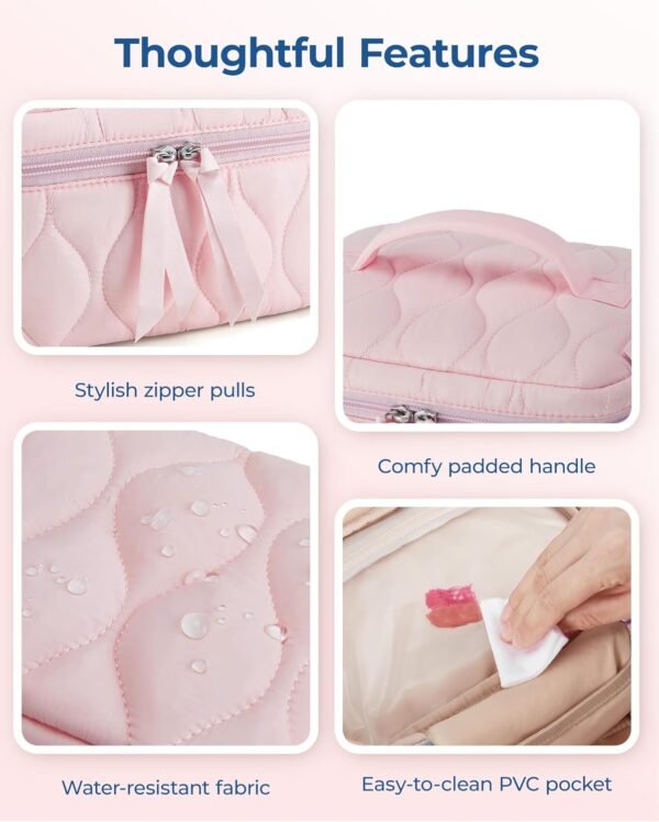 BAGSMART Travel Makeup Bag, 2-Piece Puffy Quilted Cute Make Up Bag Cosmetic Bags for Women, Large Wide-Open Toiletry Pouch Gifts for Toiletries Accessories Travelling Essentials, Pink