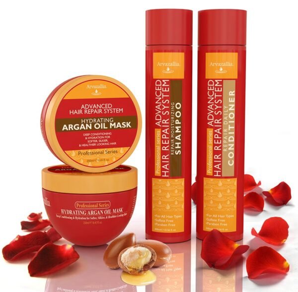 Advanced Hair Repair Shampoo, Conditioner and Deep Conditioner Mask System Set for Dry or Damaged Hair with Argan and Macadamia Oil by Arvazallia - Sulfate Free